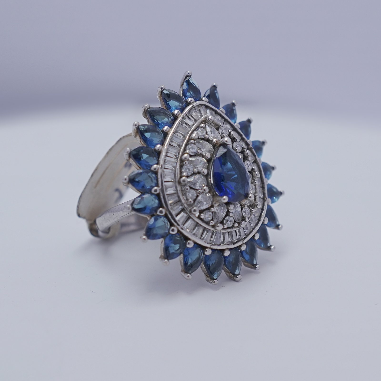 Silver Modern Blue Cutstone AD Ring - Image 2