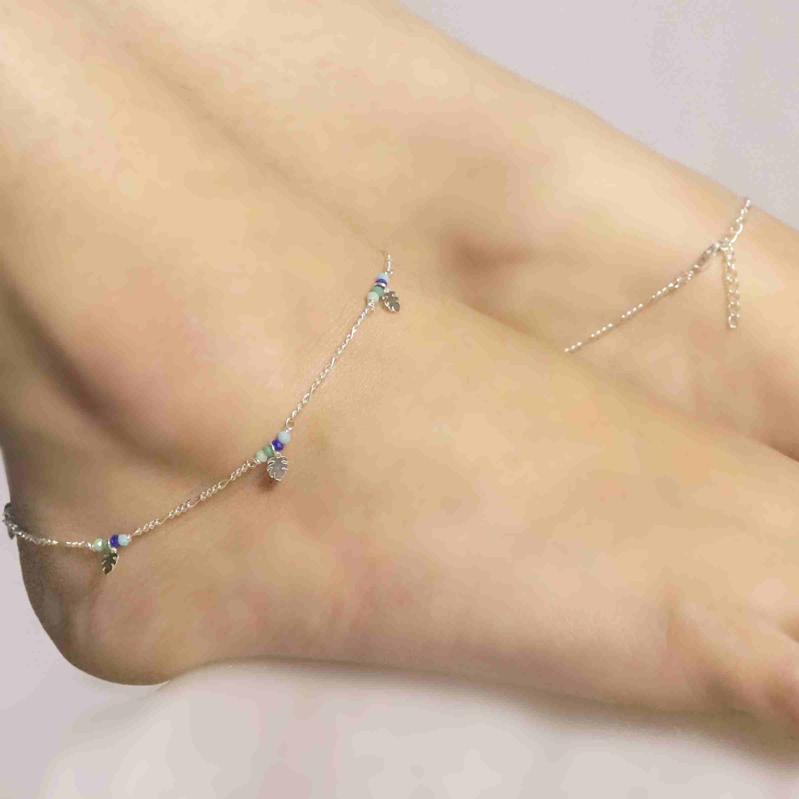 Sterling Silver Green and Blue Stone Anklet - Image 2