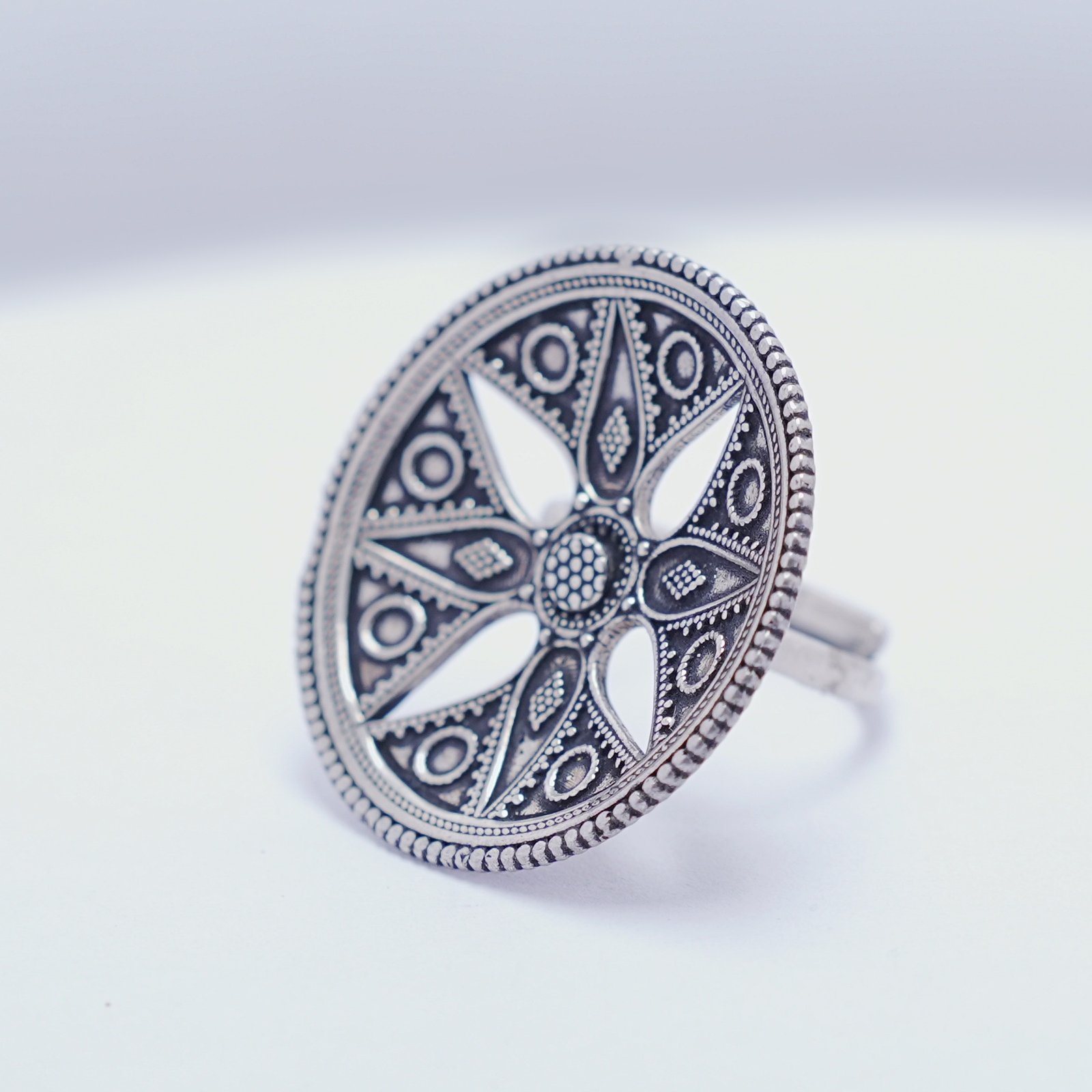Silver Traditional Oxidised Chakra Cocktail Ring - Image 2