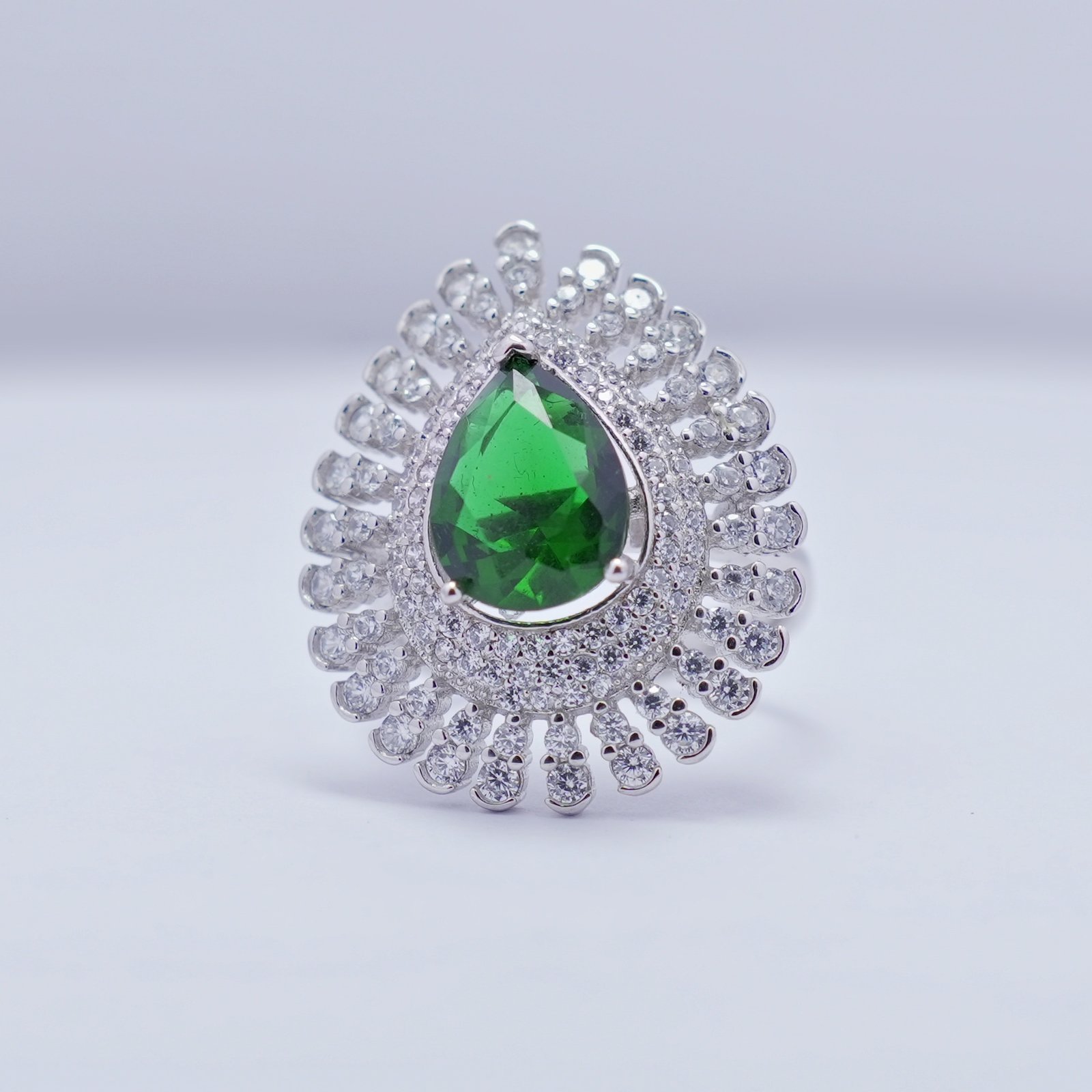 Silver Green Cutstone Floral Ring - Image 2