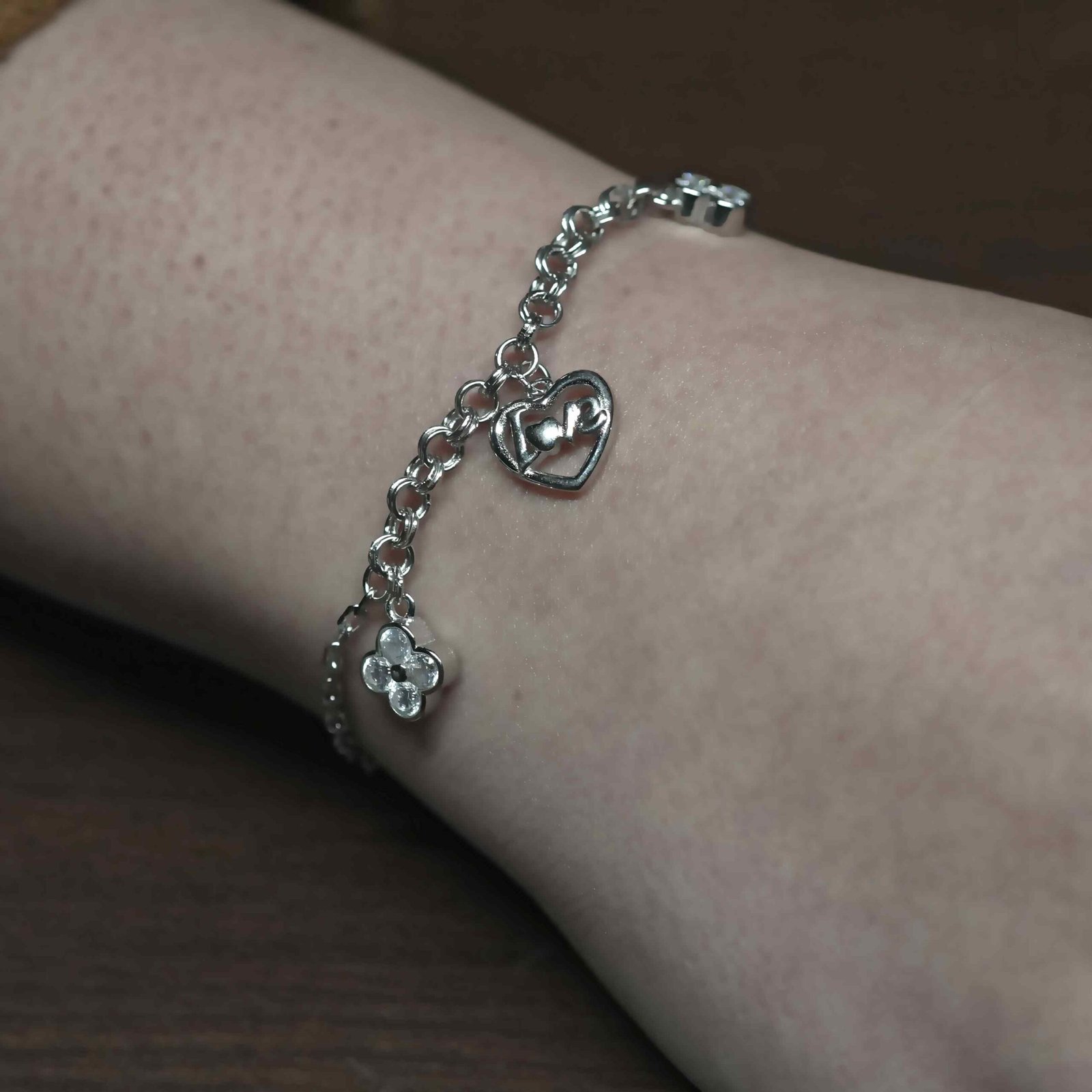 Heart Floral Link Chain Charm Bracelet