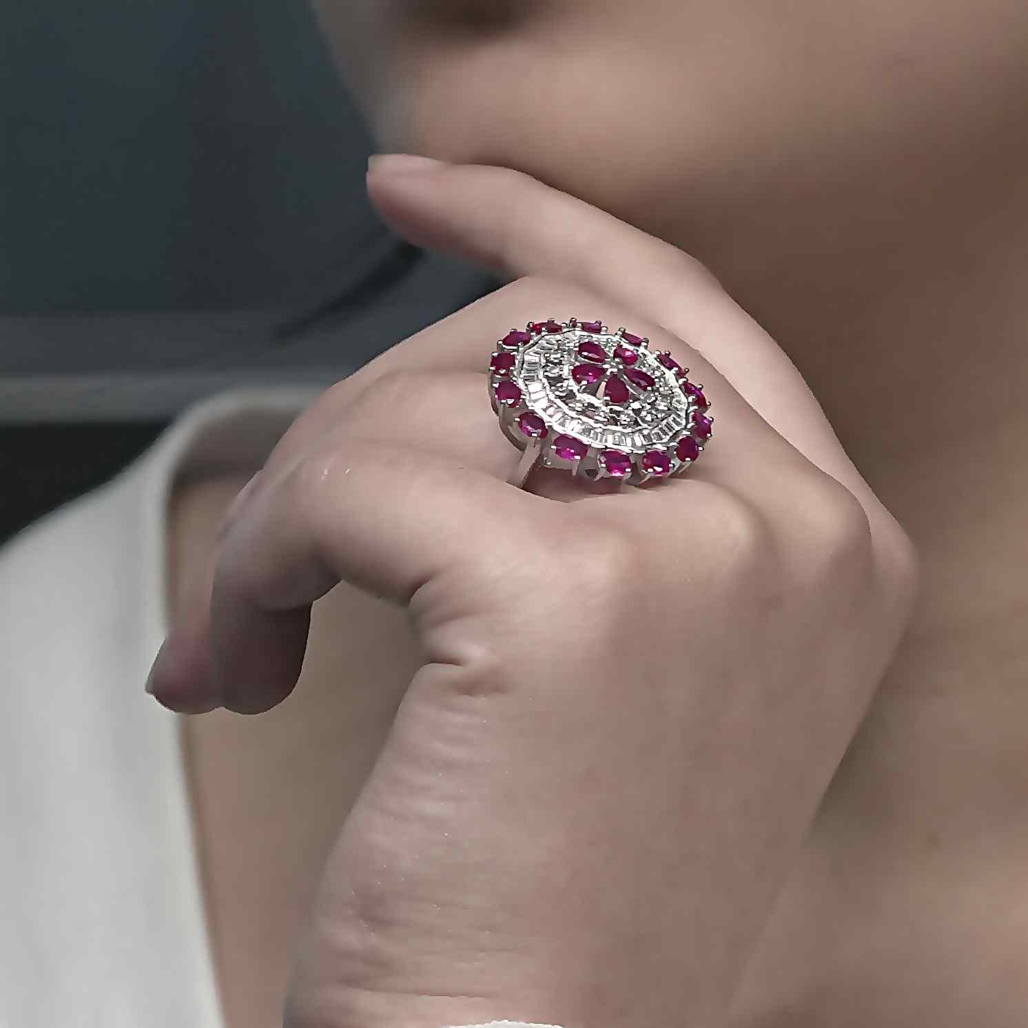 Silver Rich Pink Cutstone AD Modern Floral Rotatable Ring - Image 2