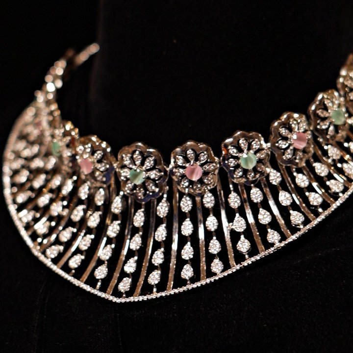 Sterling Silver modern pastel stone Choker set with earring & ring