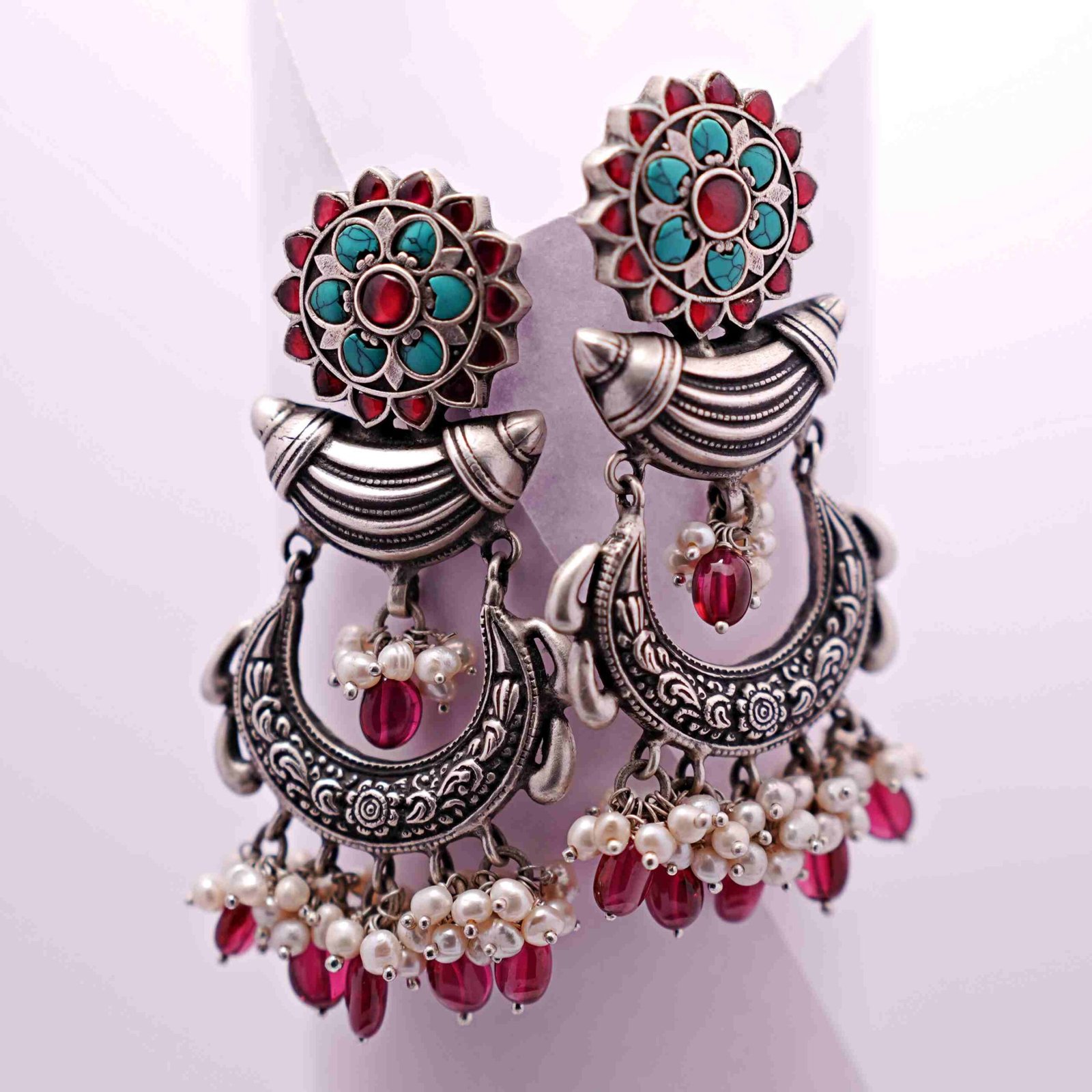 Oxidised Pink Cutstone Traditional Earrings
