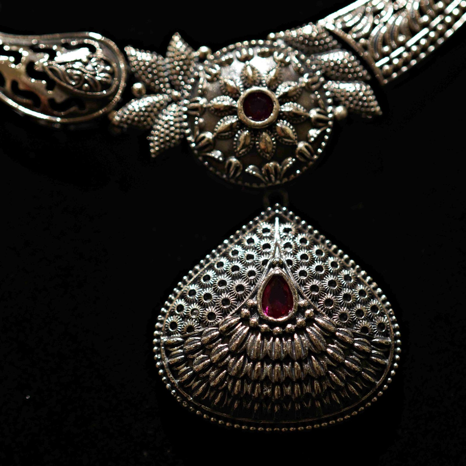 Silver Pink Stone AD Pendant Set with Earrings - Image 2