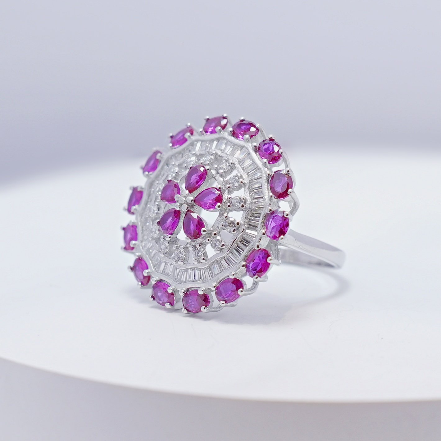 Silver Rich Pink Cutstone AD Modern Floral Rotatable Ring - Image 4