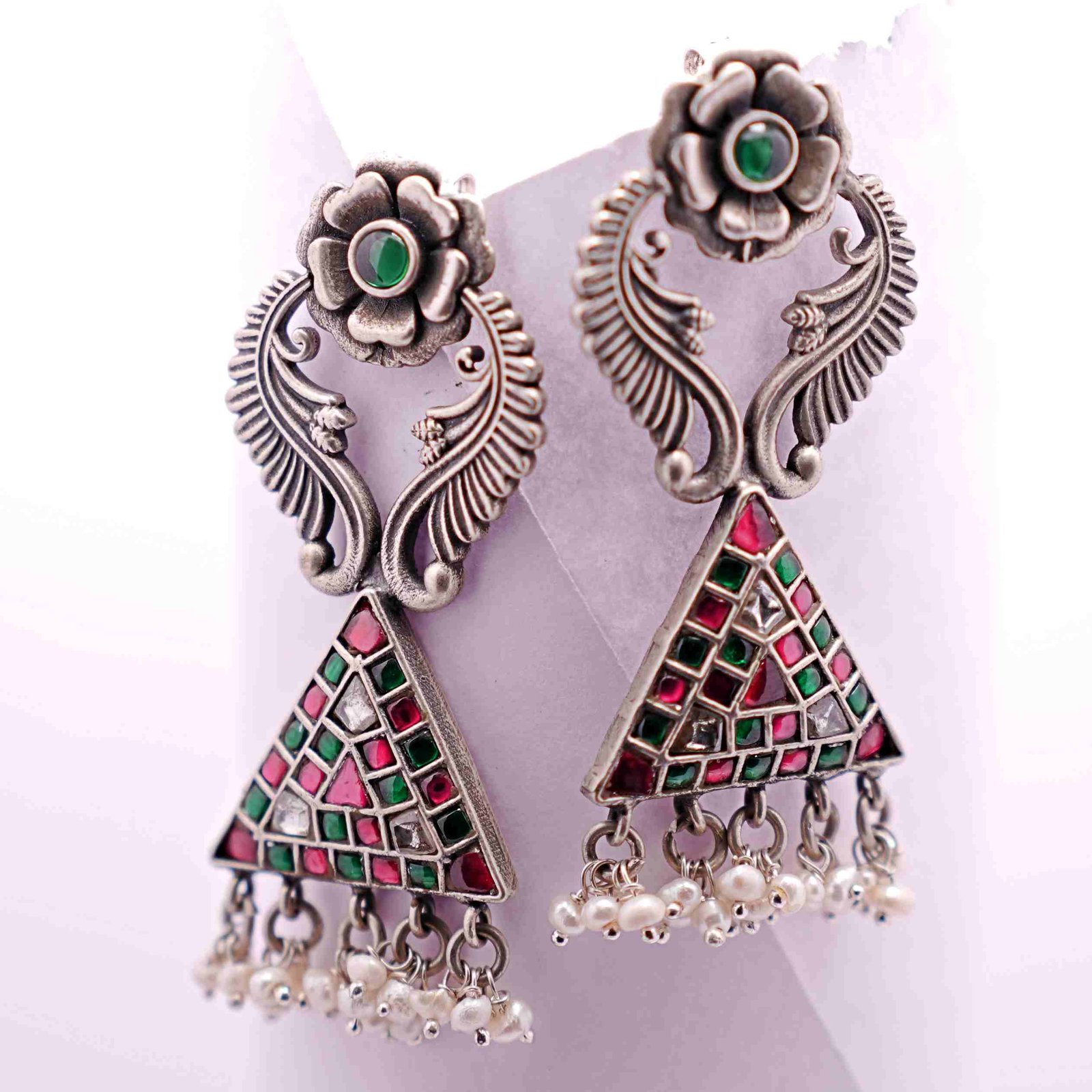 Silver Floral Triangle Stone Work Fusion Earrings - Image 3