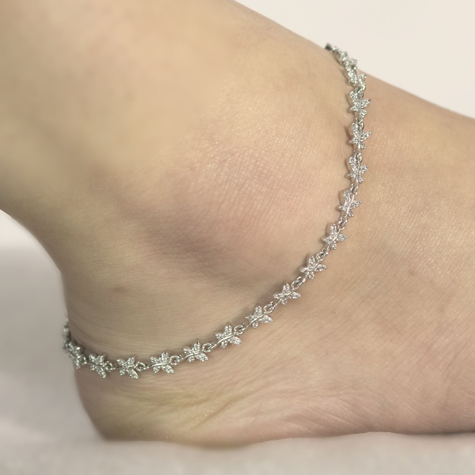 Sterling Silver Flower Shape link Chain White Anklet