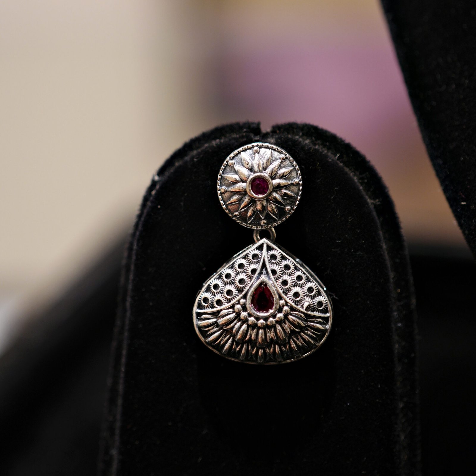 Silver Pink Stone AD Pendant Set with Earrings - Image 3