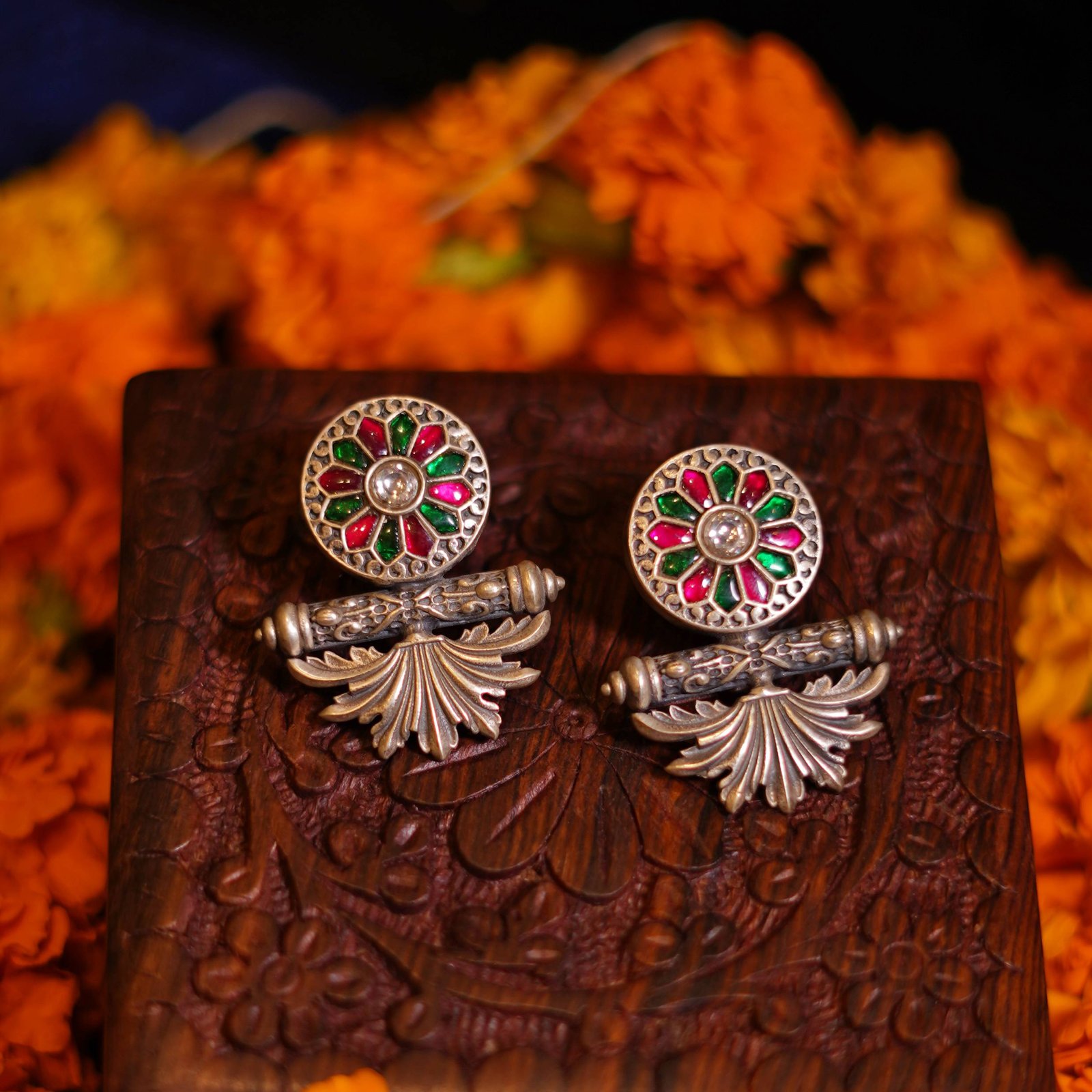 Silver Chakra Stone Work Fusion Earrings