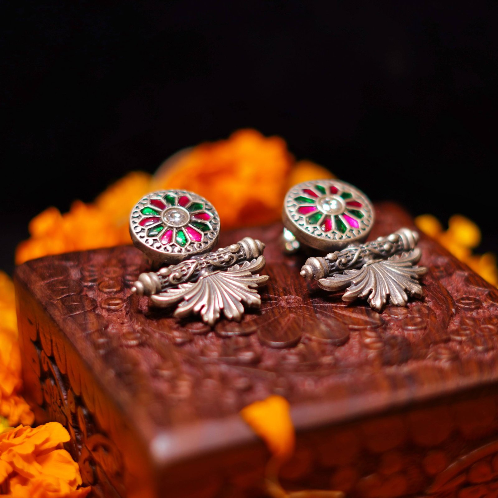 Silver Chakra Stone Work Fusion Earrings - Image 2