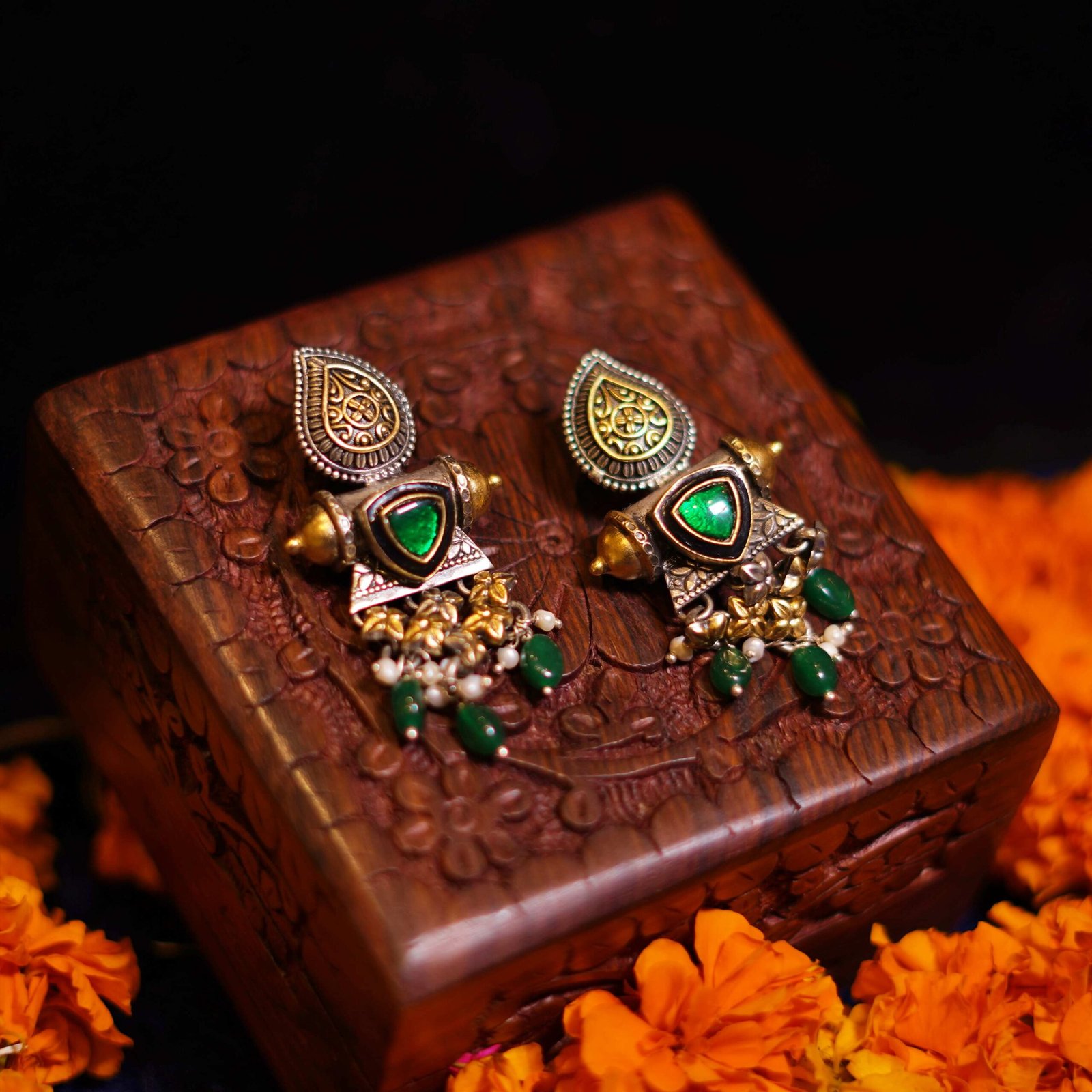 Oxidised Green Cutstone Traditional Earrings