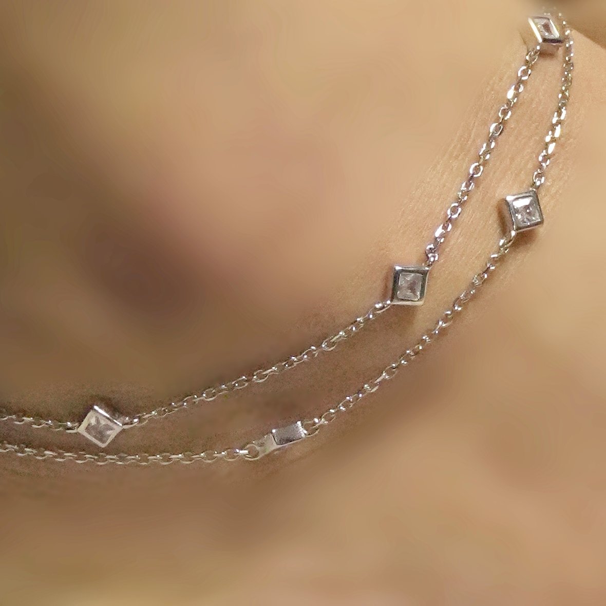 Silver Studded American Diamond Square Double Layer Italian Anklet - Image 4
