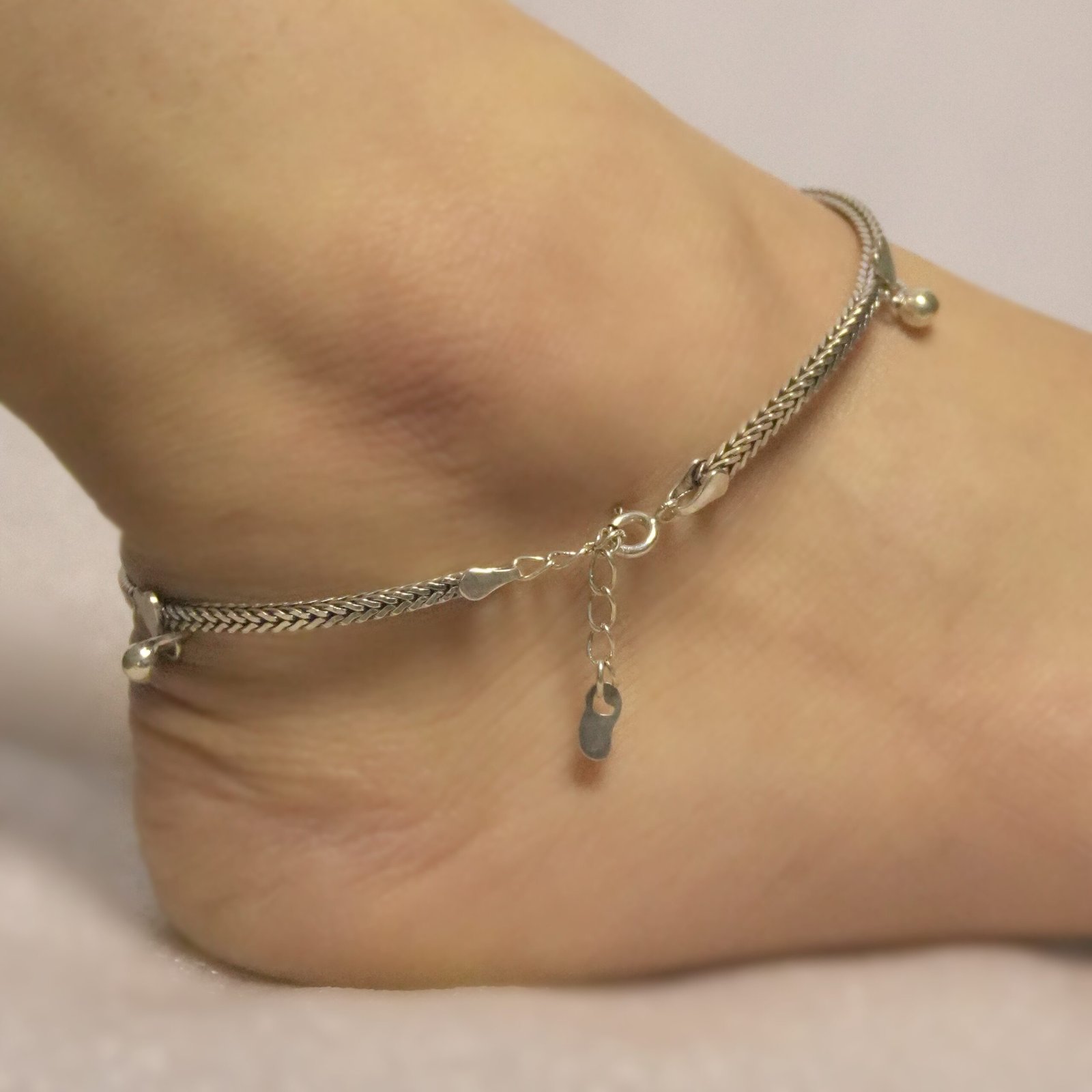 Sterling Silver Heart Link Moti Anklet - Image 3